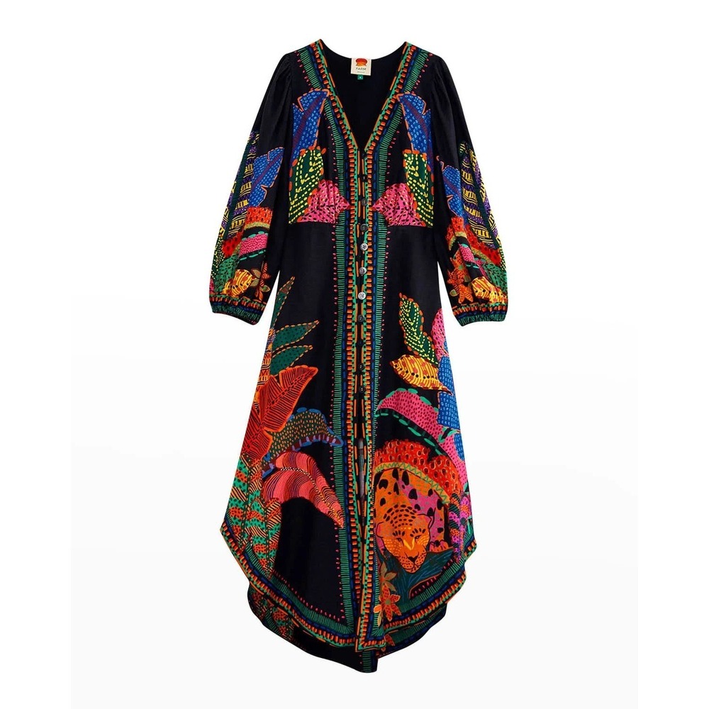 NWOT Farm Rio Black Cool Leopards Maxi Dress Linen Blend Size M Boho Maximalist - Picture 2 of 12